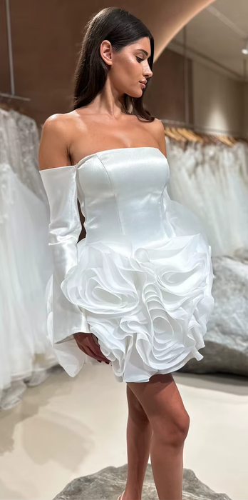 Short Mini White Satin Wedding Reception Dress with Long Sleeves