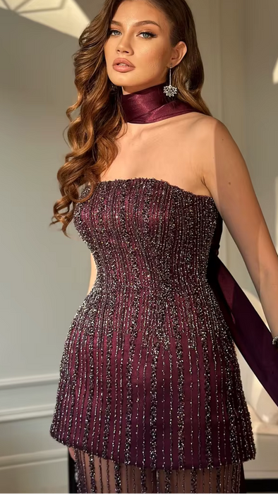 Unusual Burgundy Beaded Semi Sheer Event Dress with Stole