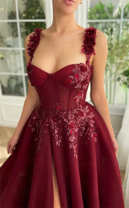 Casual Burgundy Red Chiffon Prom Event Dress with 3D Flowers
