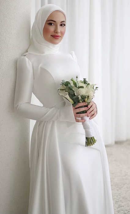 Lovely Modest Muslim Plain Satin Wedding Dress & Hijab