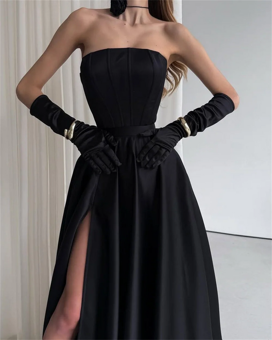 Black Satin Evening or Prom Dress with Matching Gloves