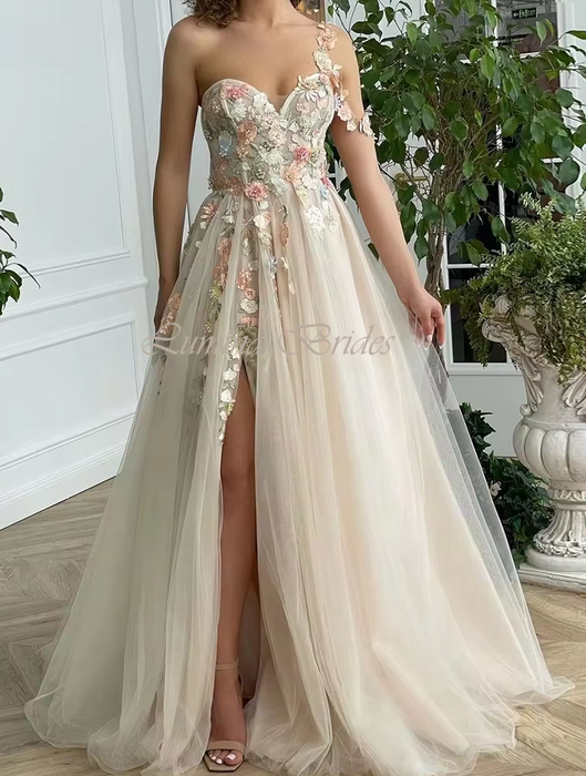 Champagne Ivory Chiffon Flower Boho Wedding or Ceremony Dress