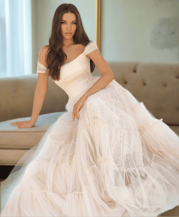 Ankle Length Lightest Pink Floaty Off Shoulder Wedding or Event Dress - Lumina Brides