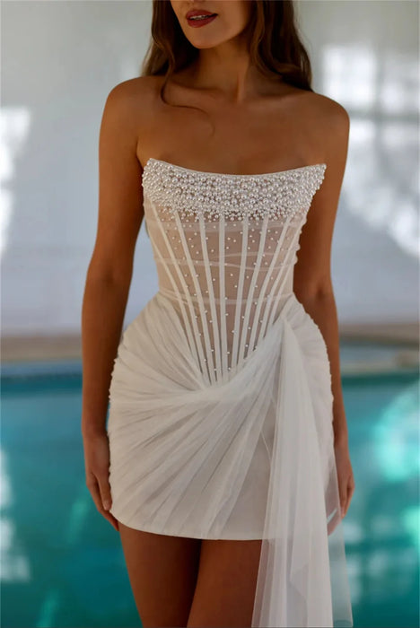 Unusual Sheer Mini Wedding Reception Dress with Pearls