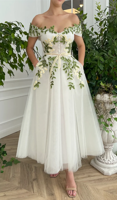 3/4 Length Flower Boho Off Shoulder Wedding or Ceremony Dress