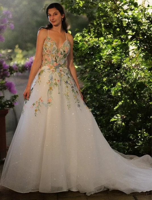 Sparkly White Flower Boho Wedding or Ceremony Dress with Unusual Back