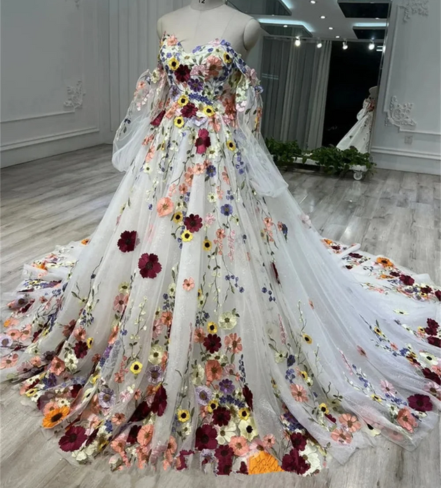 Dramatic 3DFlower Boho Wedding or Ceremony Ball Gown Dress