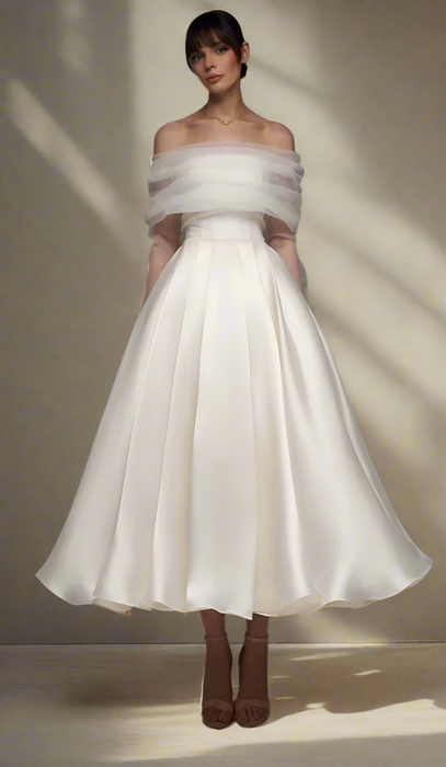 Simple Ivory Satin 3/4 Tea Length Wedding Dress with Bolero