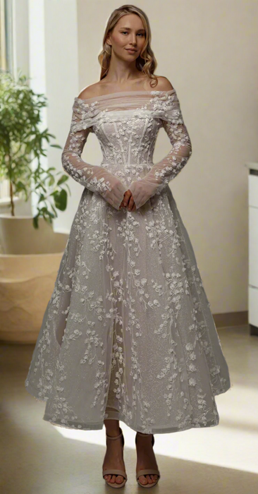 Casual Cold Shoulder Tea Length Nude Wedding Dress with Bolero