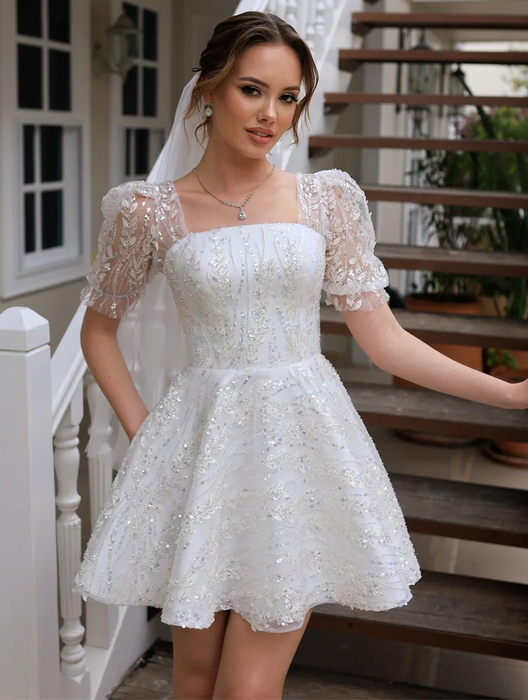 Sparkly Crystal Lace Mini Wedding or Reception Dress with Cap Sleeves