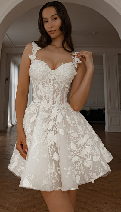 Pretty 3D Flower Boho Mini Wedding or Reception Dress with Detachable Straps