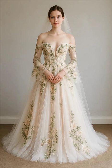 Pretty Informal Beige Flower Boho Wedding or Ceremony Dress
