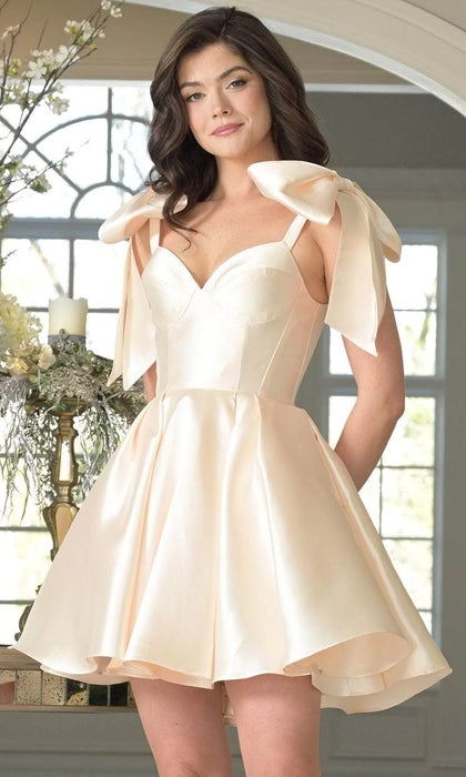 Cream Satin Mini Wedding or Reception Dress with Bow Sleeves
