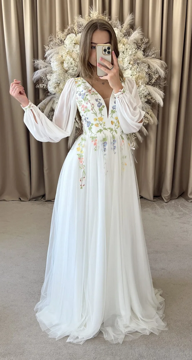 Long Sleeved Chiffon Boho Wedding or Ceremony Dress with Flowers