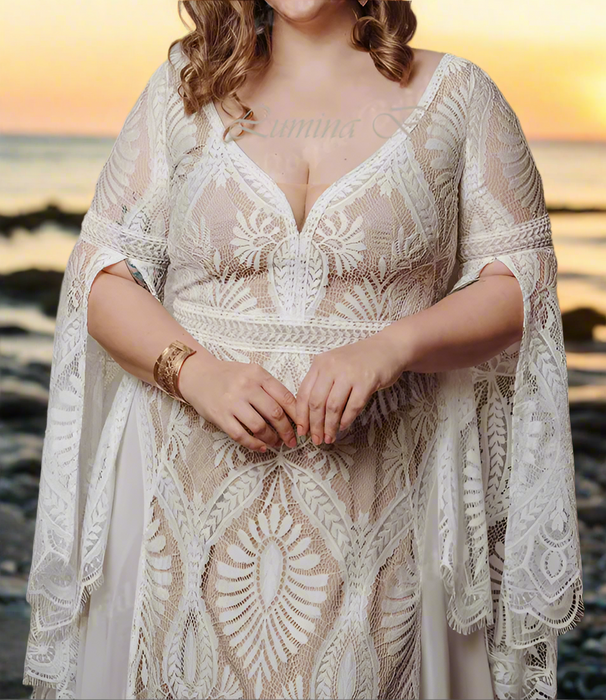 Plus Size Beige Satin Boho Casual Wedding Dress with Ivory Lace