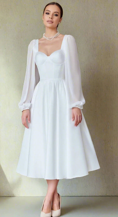 Satin & Chiffon Casual Tea Length Wedding Dress with Corset Back