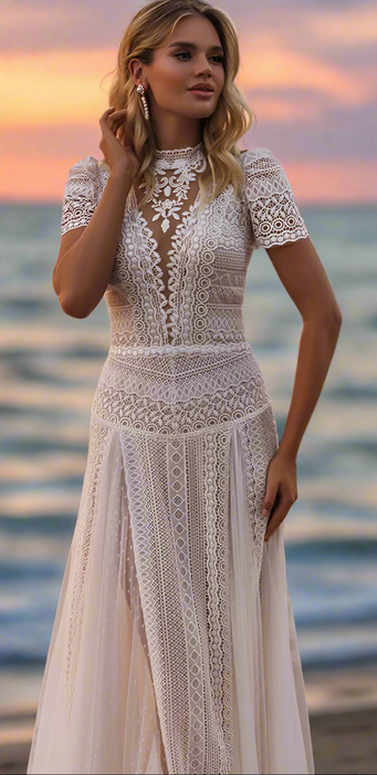 Modest Lace Soft White Beach Boho Wedding Dress with Pearl Button Back Lumina Brides