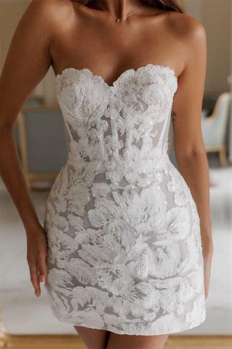 Short Mini Wedding Reception Dress with Sequins & Corset Back