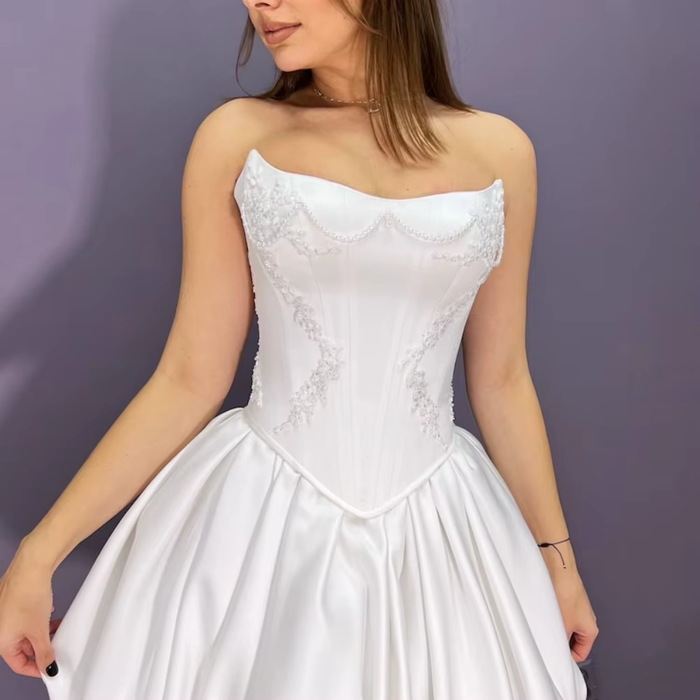 Short Mini Plain Satin Wedding Reception Dress with Corset Back