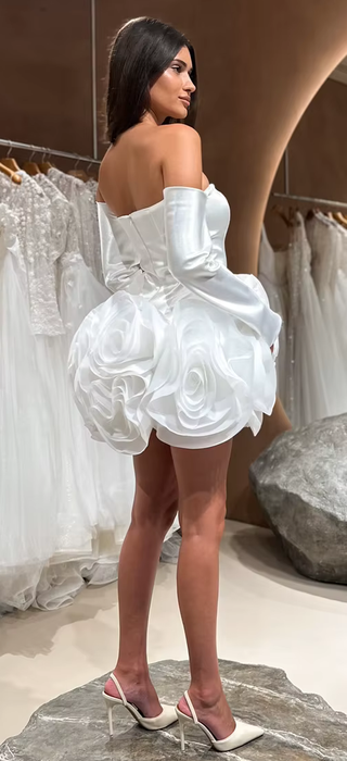 Short Mini White Satin Wedding Reception Dress with Long Sleeves