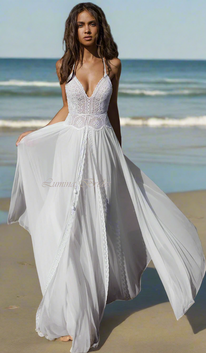 Backless White or Ivory Layered Beach Boho Sexy Wedding Dress Lumina Brides