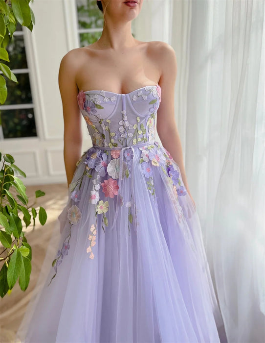 Lavender Lilac Boho Casual Garden Wedding or Party Dress with 3D Flowers