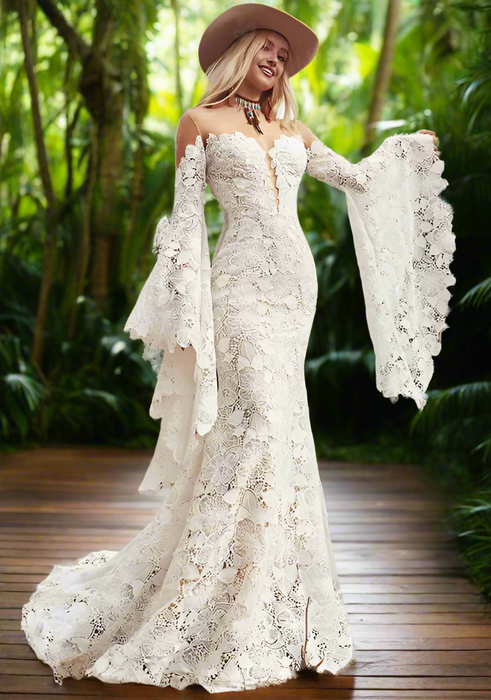 Soft Lace Mermaid Style Boho Wedding Dress with Bell Sleeves