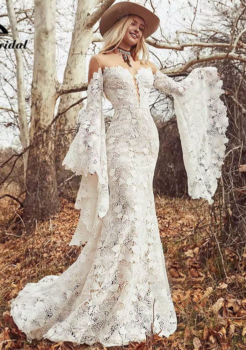 Soft Lace Mermaid Style Boho Wedding Dress with Bell Sleeves