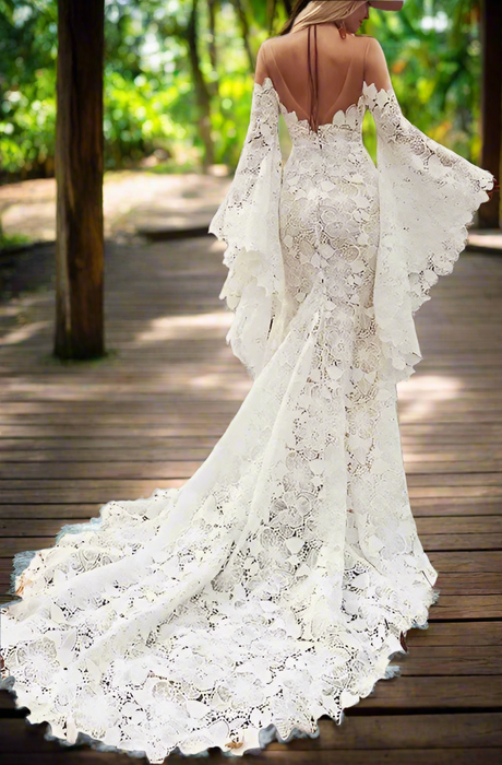Soft Lace Mermaid Style Boho Wedding Dress with Bell Sleeves