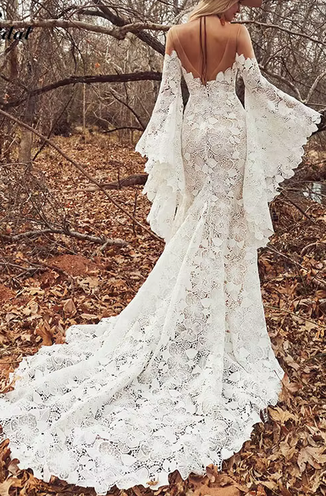 Soft Lace Mermaid Style Boho Wedding Dress with Bell Sleeves