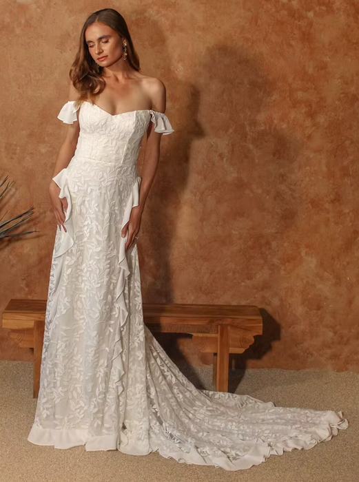 Off White Soft Satin & Lace Boho Wedding Dress