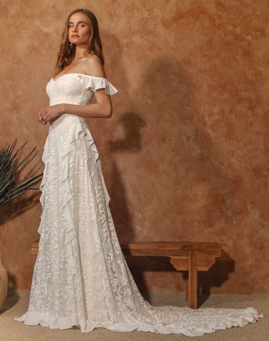 Off White Soft Satin & Lace Boho Wedding Dress