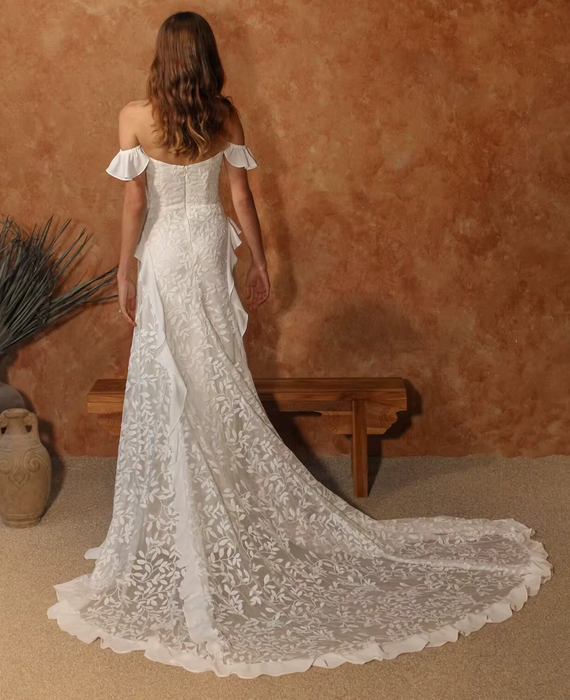 Off White Soft Satin & Lace Boho Wedding Dress