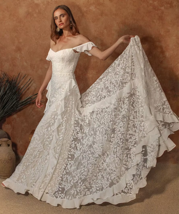 Off White Soft Satin & Lace Boho Wedding Dress