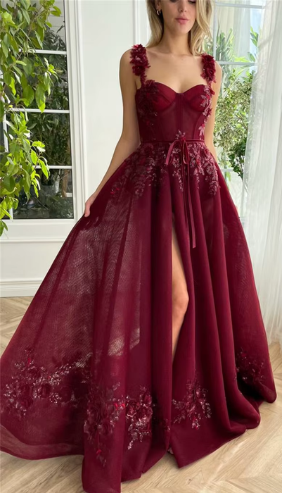 Casual Burgundy Red Chiffon Prom Event Dress with 3D Flowers