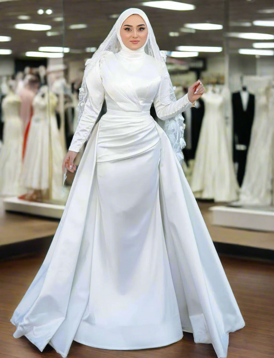 Lovely Modest Muslim Plain Satin Wedding Dress & Hijab
