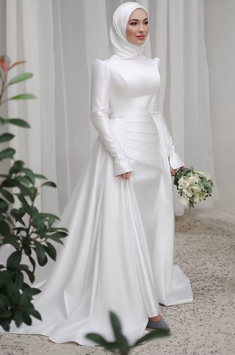 Lovely Modest Muslim Plain Satin Wedding Dress & Hijab