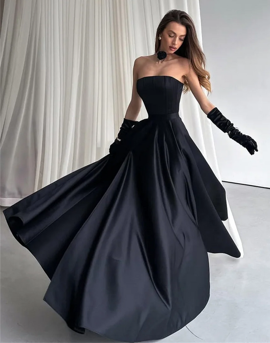 Black Satin Evening or Prom Dress with Matching Gloves