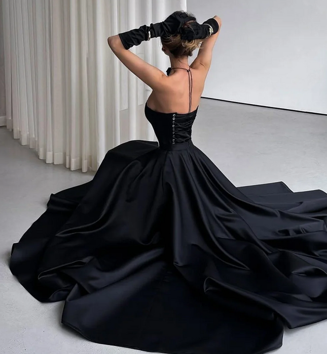 Black Satin Evening or Prom Dress with Matching Gloves