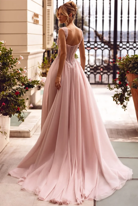 Soft Pale Pink Prom or Event Dress with Basque Bodice & Pink Jewels