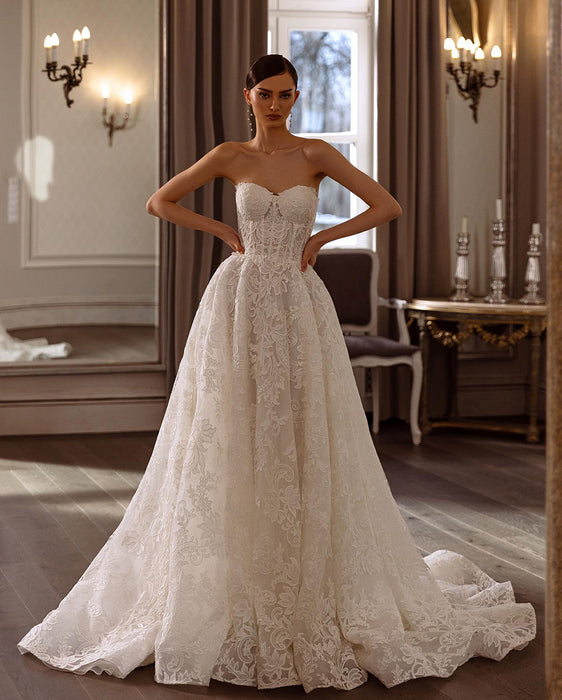 Vintage Boho Lace Ivory Wedding Dress with Detachable Long Sleeves