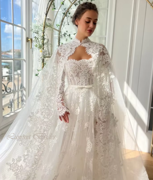 Feminine Floral Lace White Boho Wedding Dress with Detachable Cape