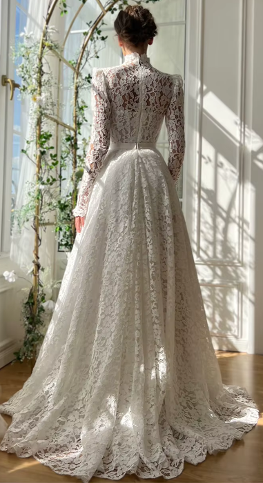 Modest Guipure Floral Lace White or Ivory Boho Wedding Dress