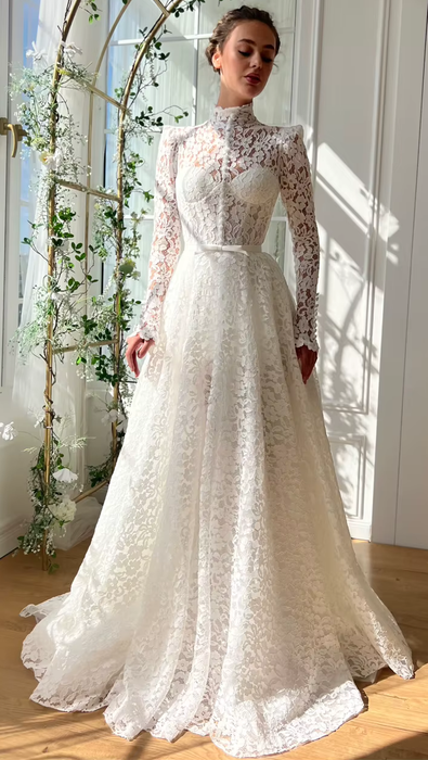 Modest Guipure Floral Lace White or Ivory Boho Wedding Dress