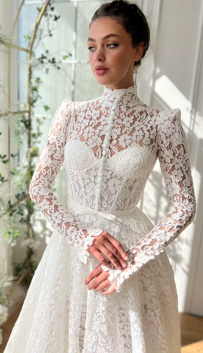Modest Guipure Floral Lace White or Ivory Boho Wedding Dress