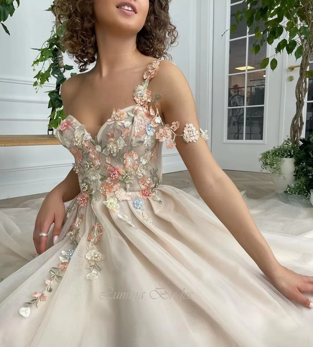 Champagne Ivory Chiffon Flower Boho Wedding or Ceremony Dress
