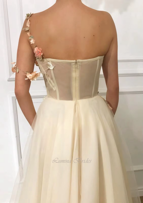 Champagne Ivory Chiffon Flower Boho Wedding or Ceremony Dress
