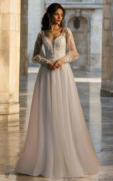 Modest Ivory Chiffon & Lace Wedding Dress with Silk Button Back