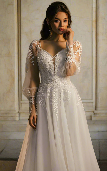 Modest Ivory Chiffon & Lace Wedding Dress with Silk Button Back