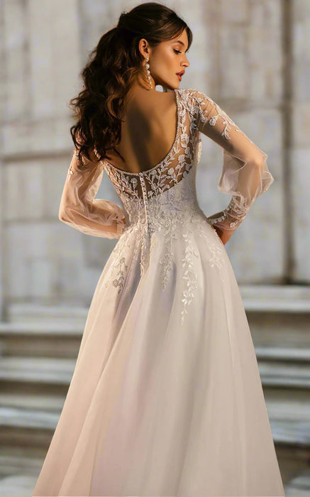 Modest Ivory Chiffon & Lace Wedding Dress with Silk Button Back